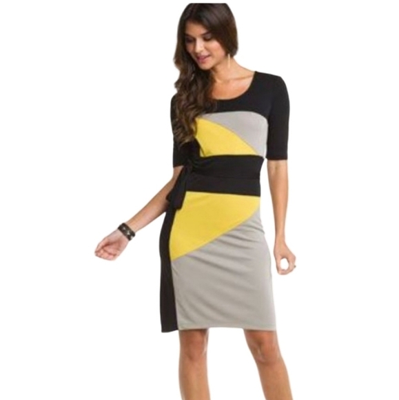BCBGMaxAzria | Leticia yellow grey & black colour Block Dress - Sz M - Picture 1 of 8